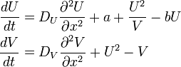 \begin{align}
\frac{dU}{dt} &= D_U\frac{\partial^2 U}{\partial x^2} + a + \frac{U^2}{V} - bU\\
\frac{dV}{dt} &= D_V\frac{\partial^2 V}{\partial x^2} + U^2 - V
\end{align}