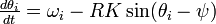 
\textstyle
\frac{d\theta_i}{dt} =
\omega_i - RK\sin(\theta_i - \psi)
