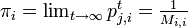 \textstyle \pi_i = \lim_{t\rightarrow \infty} p^t_{j,i} = \frac{1}{M_{i,i}} 