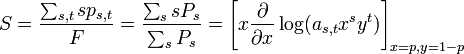 S = \frac{\sum_{s,t} s p_{s,t}}{F} = \frac{\sum_s s P_s}{\sum_s P_s} =  \Bigg[ x\frac{\partial}{\partial x}\log (a_{s,t}x^sy^t) \Bigg]_{x=p, y=1-p}