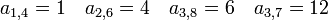 a_{1,4} = 1 \quad a_{2,6} = 4 \quad a_{3,8} = 6 \quad a_{3,7} = 12 