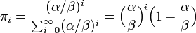 \pi_i = \frac{ (\alpha/\beta)^i }{\sum^\infty_{i=0} (\alpha/\beta)^i} = \Big(\frac{\alpha}{\beta}\Big)^i\Big(1-\frac{\alpha}{\beta}\Big)