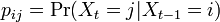 p_{ij} = \mbox{Pr}(X_t = j | X_{t-1} = i )