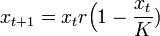 x_{t+1} = x_t r \Big( 1 - \frac{x_t}{K})