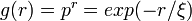 \textstyle g(r) = p^r = exp( -r / \xi )