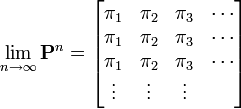 
\lim_{n \rightarrow \infty} \mathbf{P}^{n} =
\begin{bmatrix}
  \pi_1 & \pi_2  & \pi_3 & \cdots  \\
  \pi_1 & \pi_2  & \pi_3 & \cdots  \\
  \pi_1 & \pi_2  & \pi_3 & \cdots  \\
 \vdots & \vdots & \vdots & \\
\end{bmatrix}
