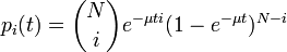 
\begin{align}
p_i(t) = \binom{N}{i}e^{-\mu t i}(1 - e^{- \mu t})^{N - i}
\end{align}
