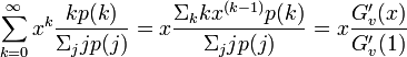 \sum_{k=0}^{\infty}x^k\frac{kp(k)}{\Sigma_jjp(j)} = x\frac{\Sigma_k kx^{(k-1)}p(k)}{\Sigma_jjp(j)} = x\frac{G'_v(x)}{G'_v(1)}