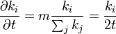 \frac{\partial k_i}{\partial t} = m \frac{k_i}{\sum_j k_j} = \frac{k_i}{2t}