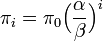 \pi_i = \pi_0 \Big( \frac{\alpha}{\beta} \Big)^i 