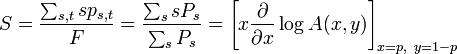 S = \frac{\sum_{s,t} s p_{s,t}}{F} = \frac{\sum_s s P_s}{\sum_s P_s} =  \Bigg[ x\frac{\partial}{\partial x}\log A(x,y) \Bigg]_{x=p,\ y=1-p}